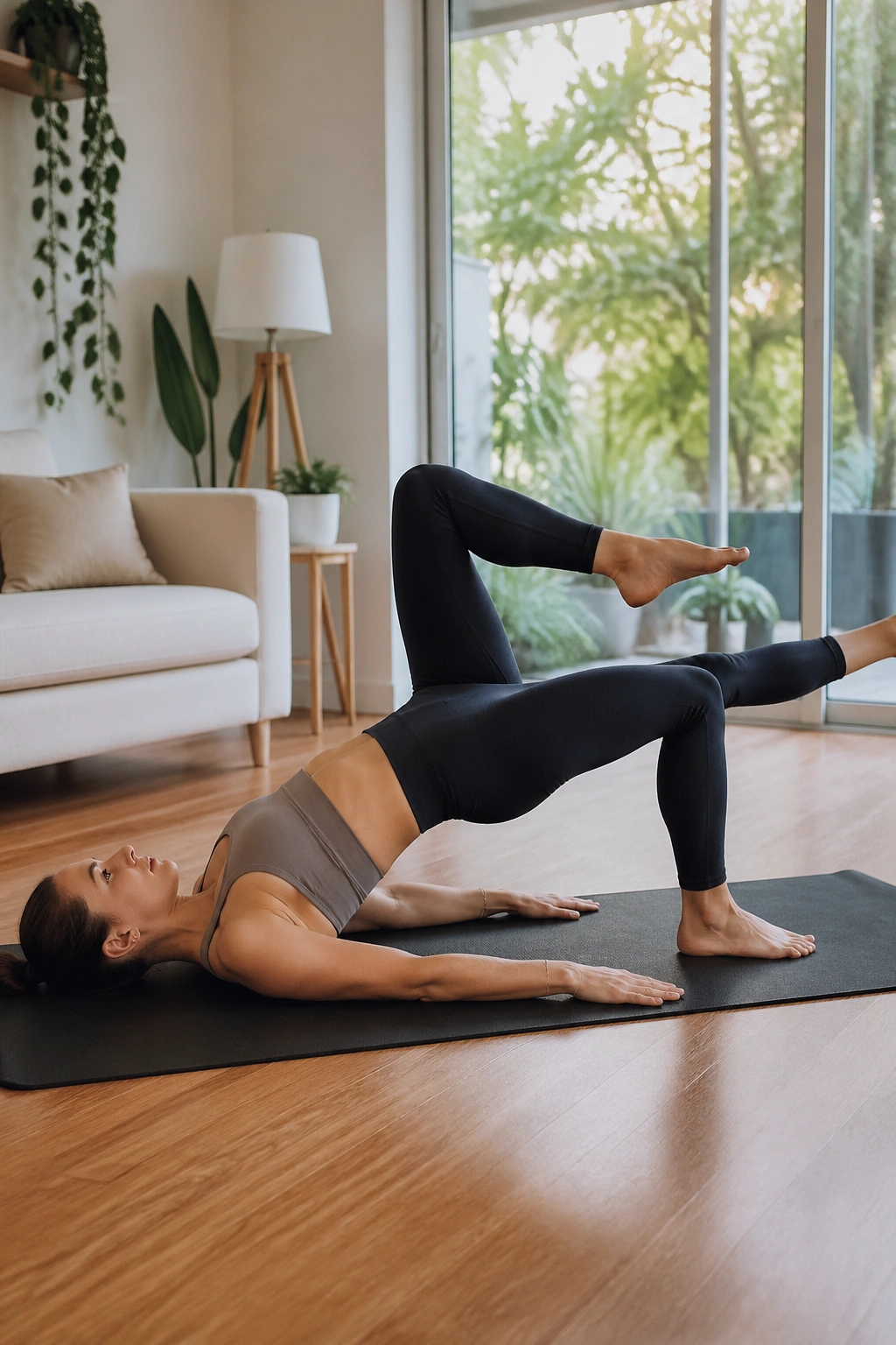 Profile view of a bridge march showing hip stability and glute engagement on a mat at home.