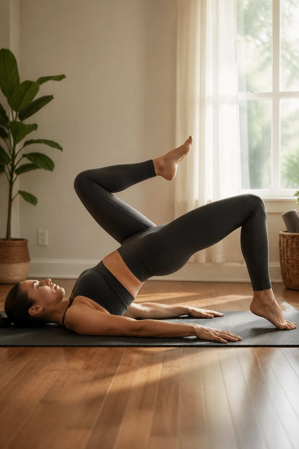 Person performing bridge marches on a mat in a cozy home setting