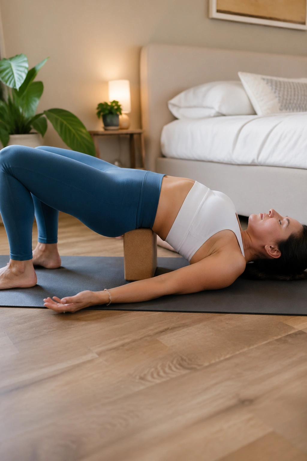 Person in supported bridge on a block on a yoga mat