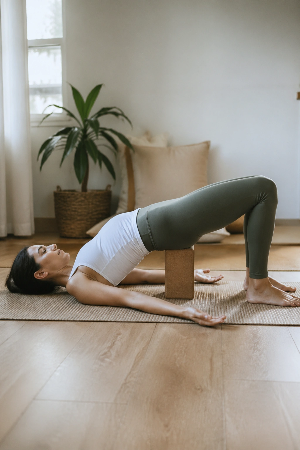 Person in Bridge Pose with block under sacrum, gentle backbend