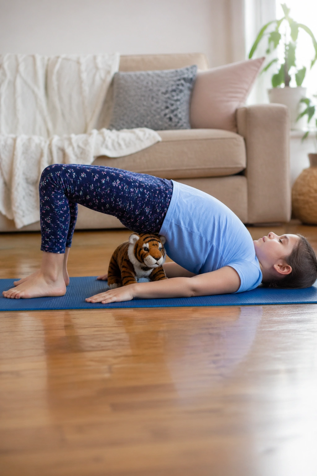 Child performing Bridge Pose with a toy underneath on a mat