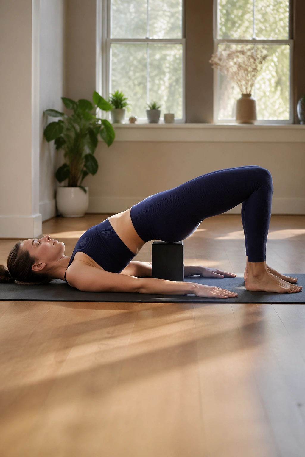 Real person in Bridge Pose on mat with hips lifted