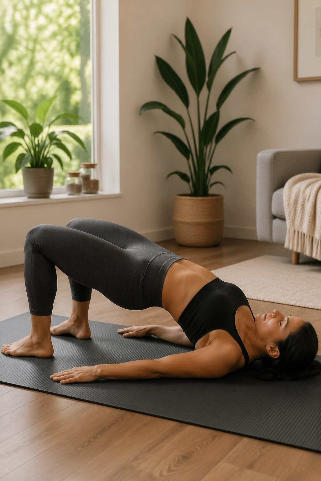 Real person in Bridge Pose with hips lifted on a mat.