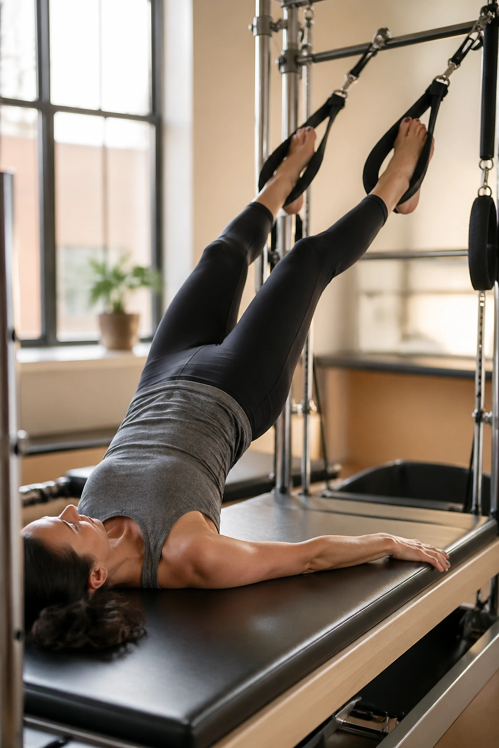 Close-up of a real woman performing Bridge with Feet in the Straps on a tower Pilates setup