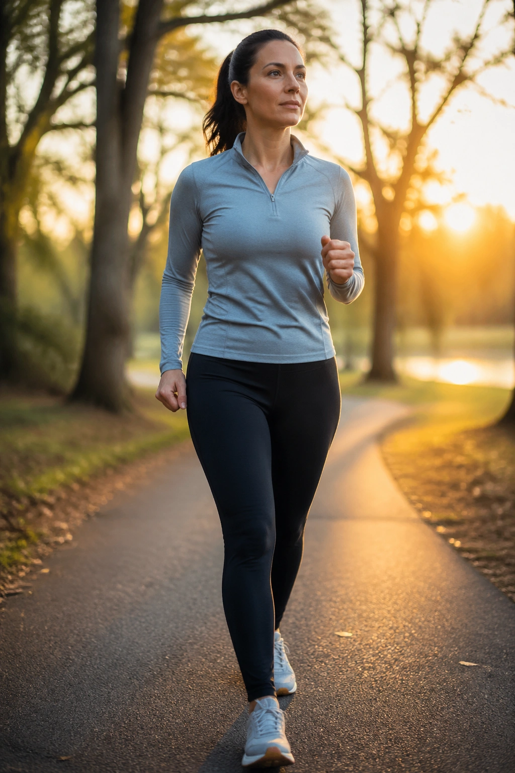Person walking briskly outdoors in morning light to boost fat burning.