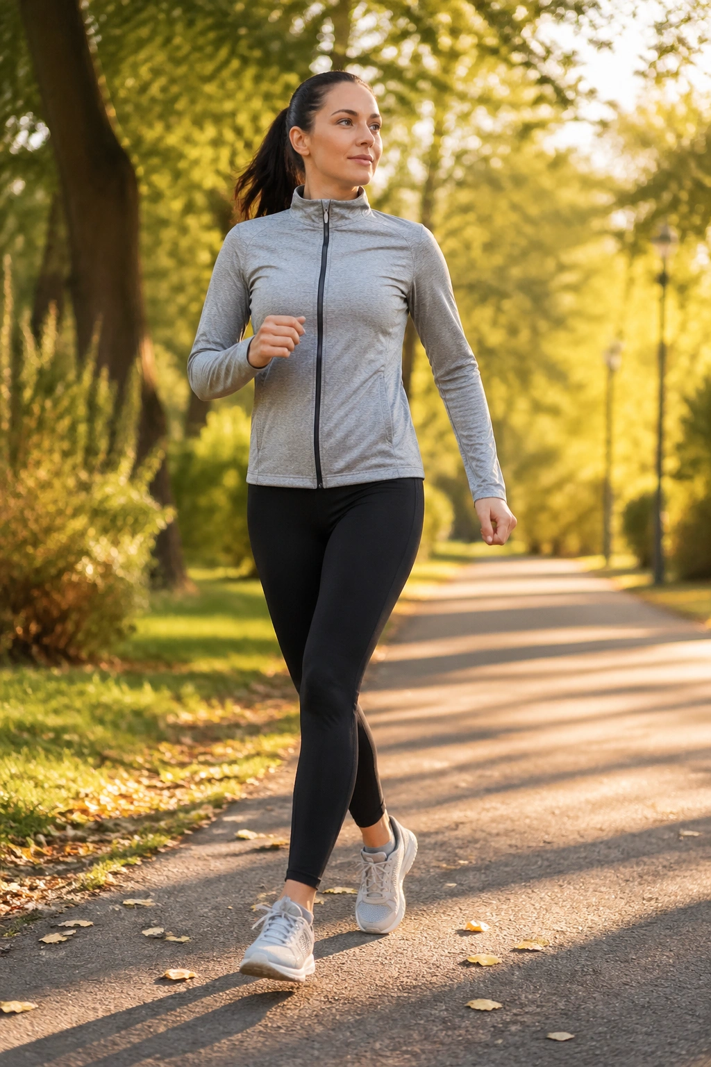 Real person briskly walking on a park loop during golden hour