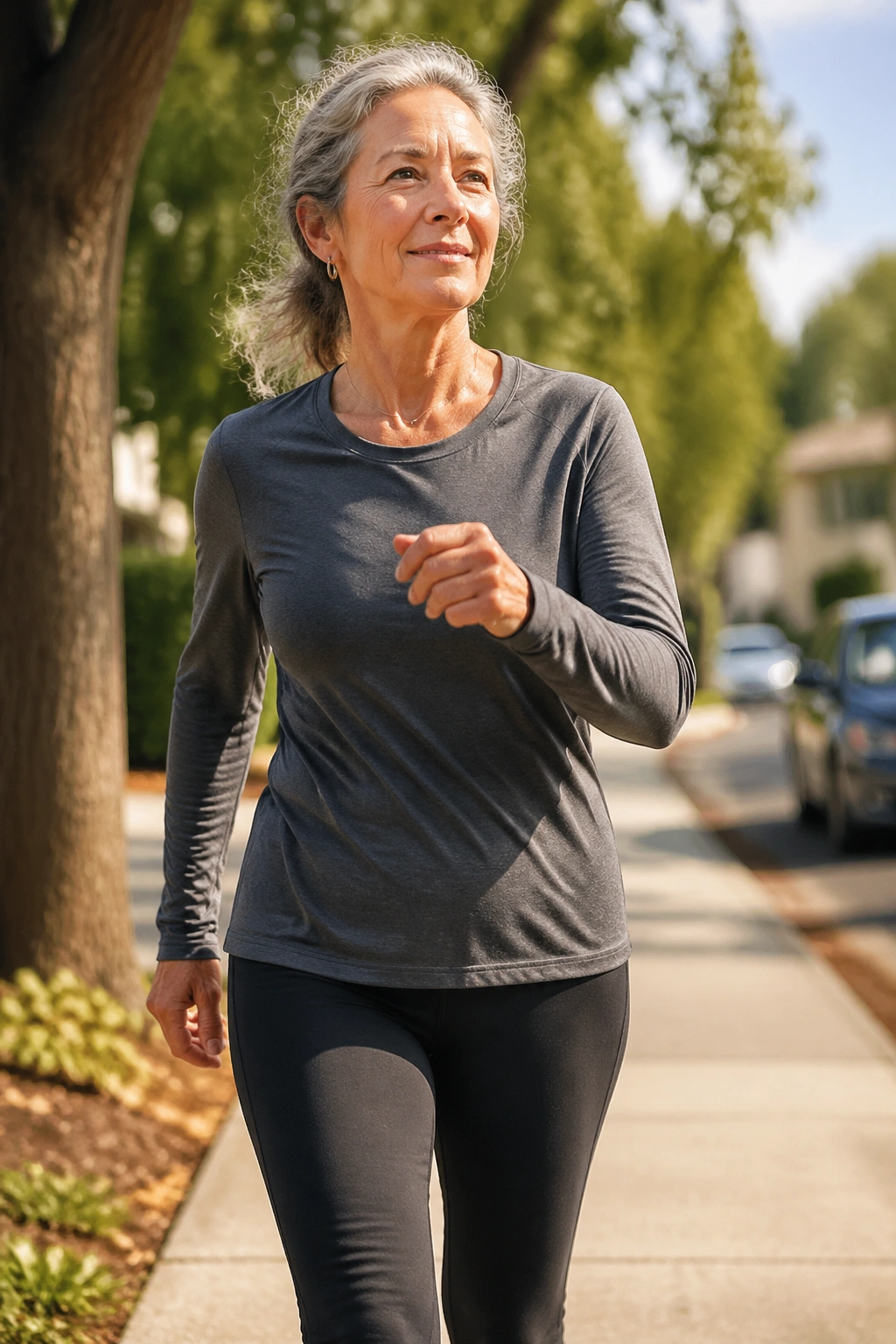 Medium close-up of a woman over 50 briskly walking on a tree-lined sidewalk after a meal