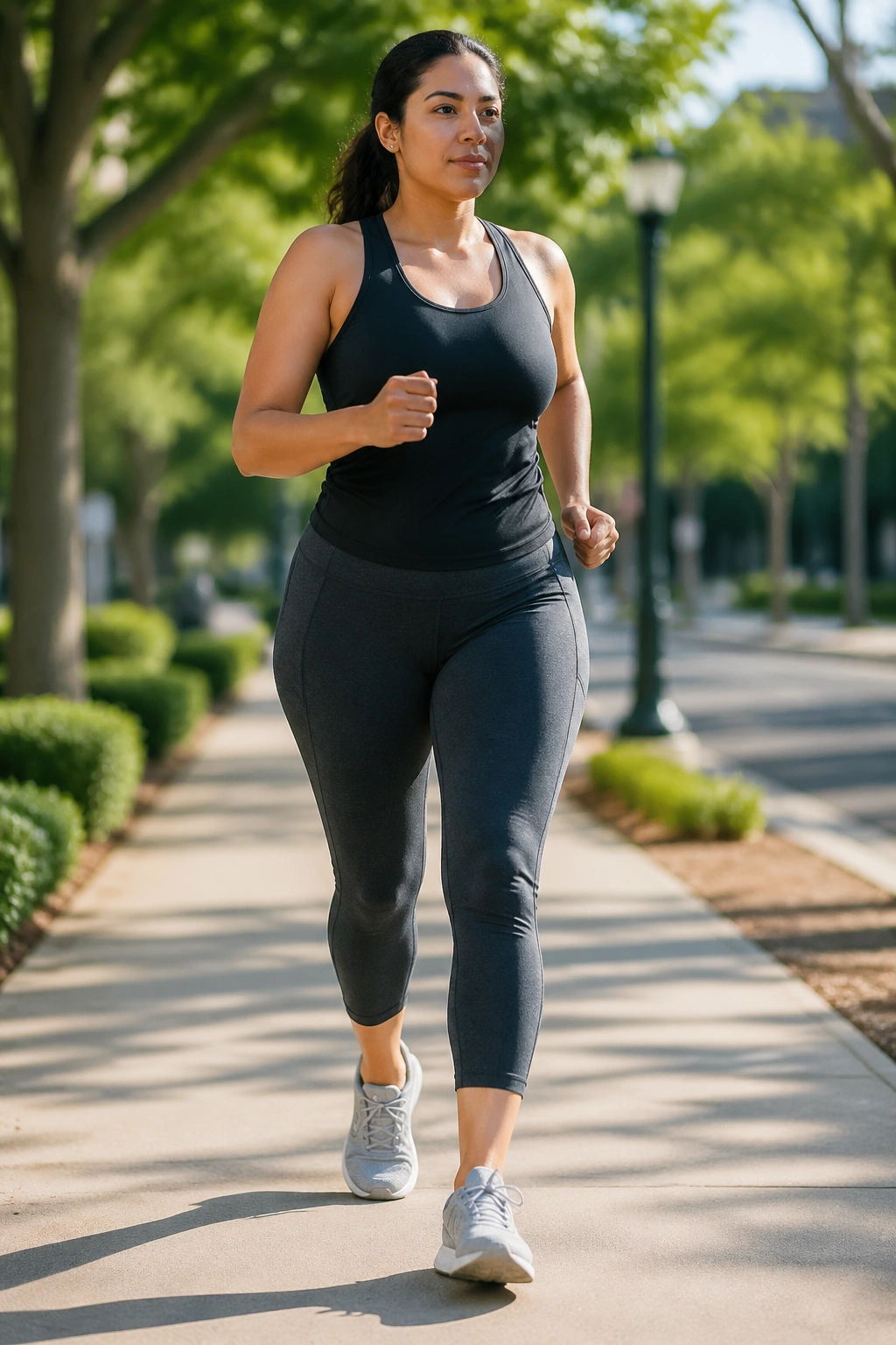 Medium close-up of a real person brisk-walking on a sunlit sidewalk, belly fat cardio