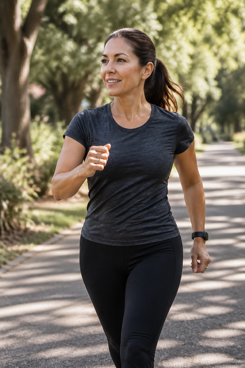 Brisk walking portrait of a fit adult outdoors, arms swinging