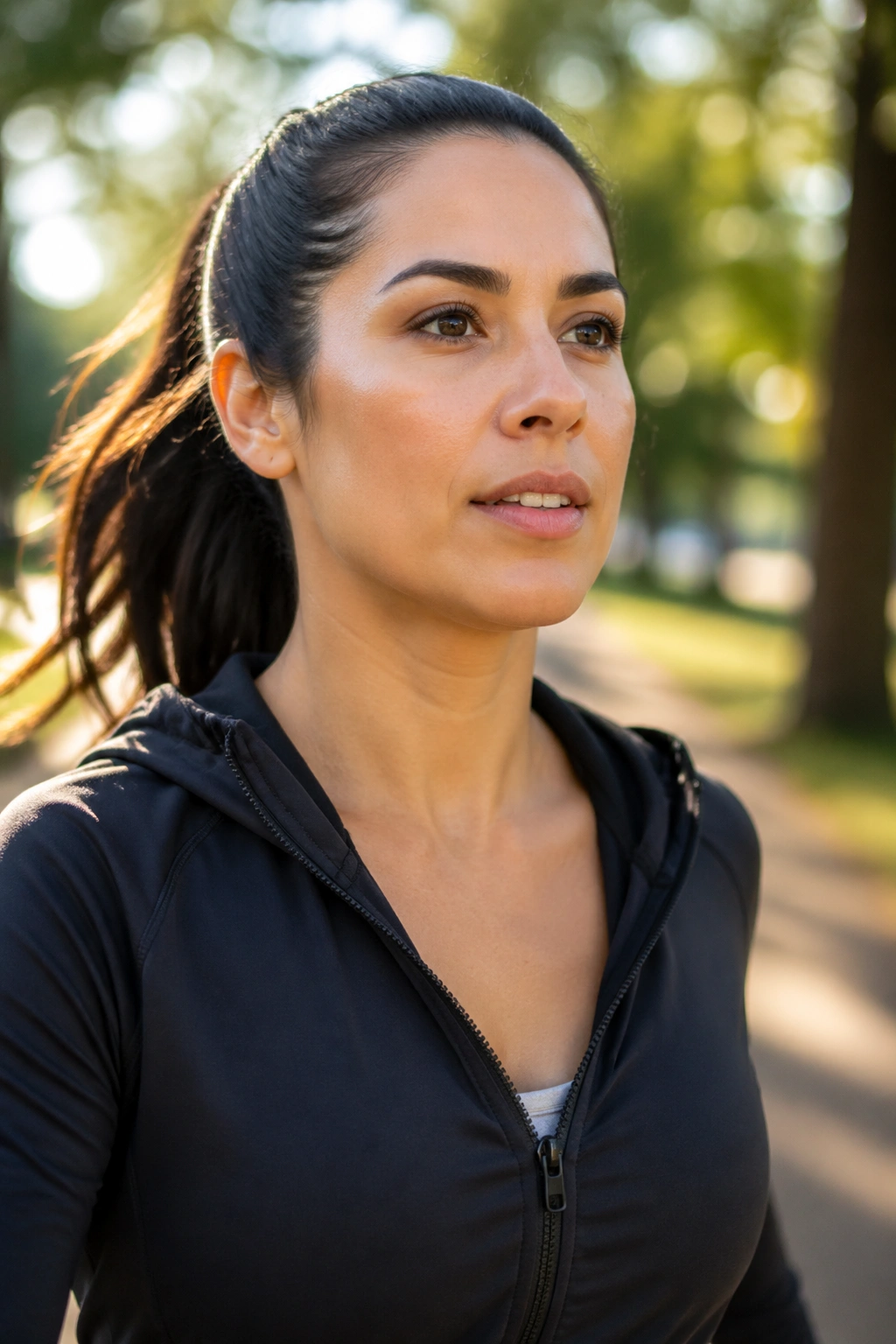 Close-up of a real person brisk-walking in a sunlit park