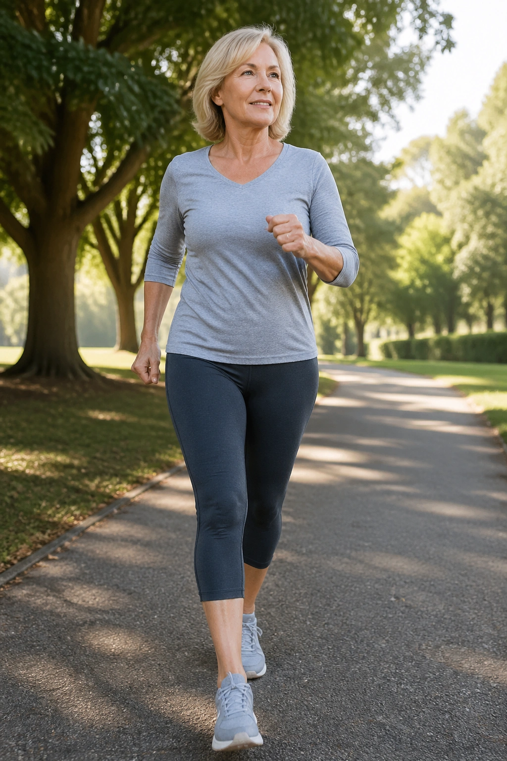 Person walking briskly outdoors on a park path, interval walking for belly fat loss