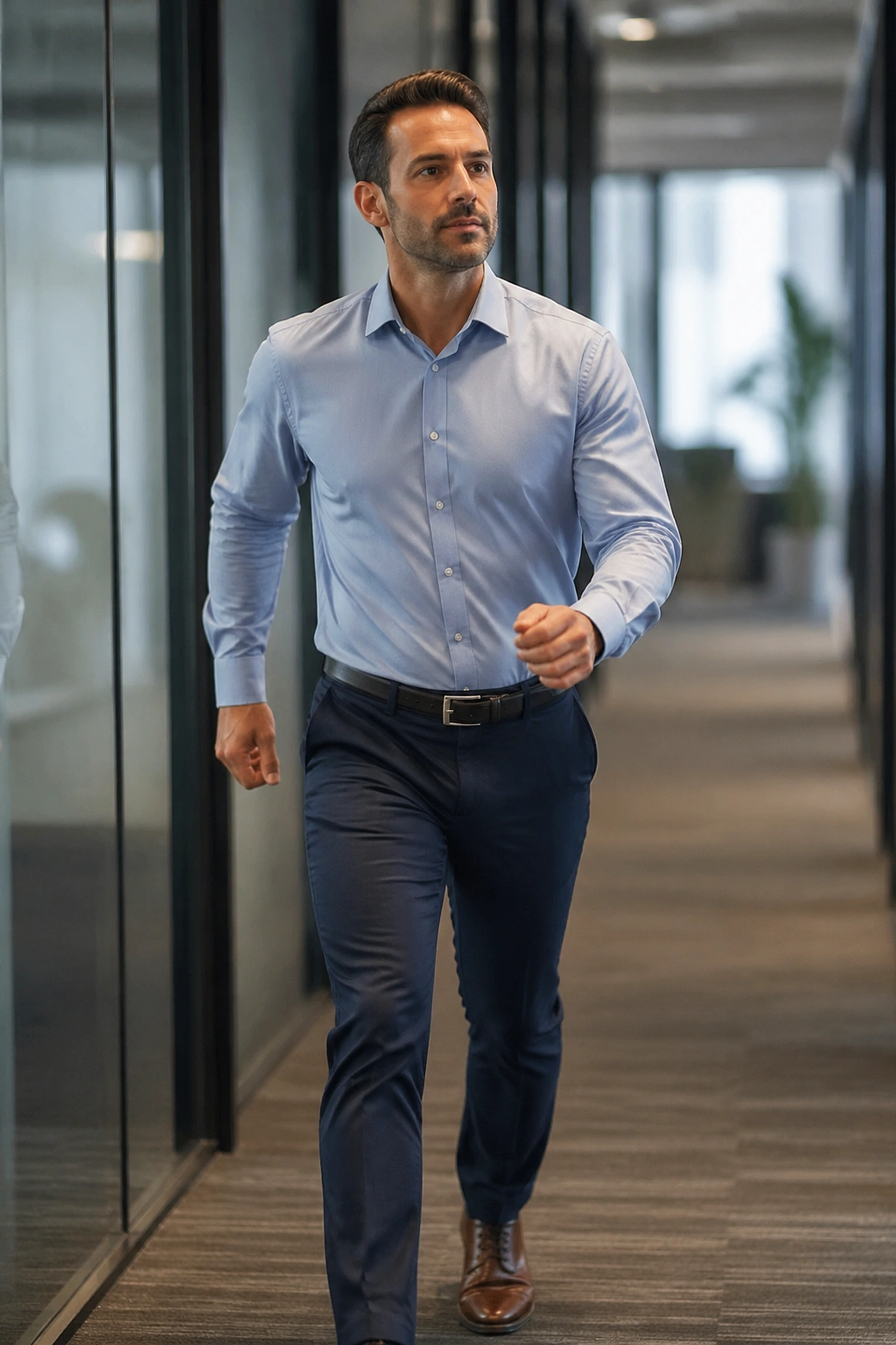 Real person brisk walking in office corridor during intervals