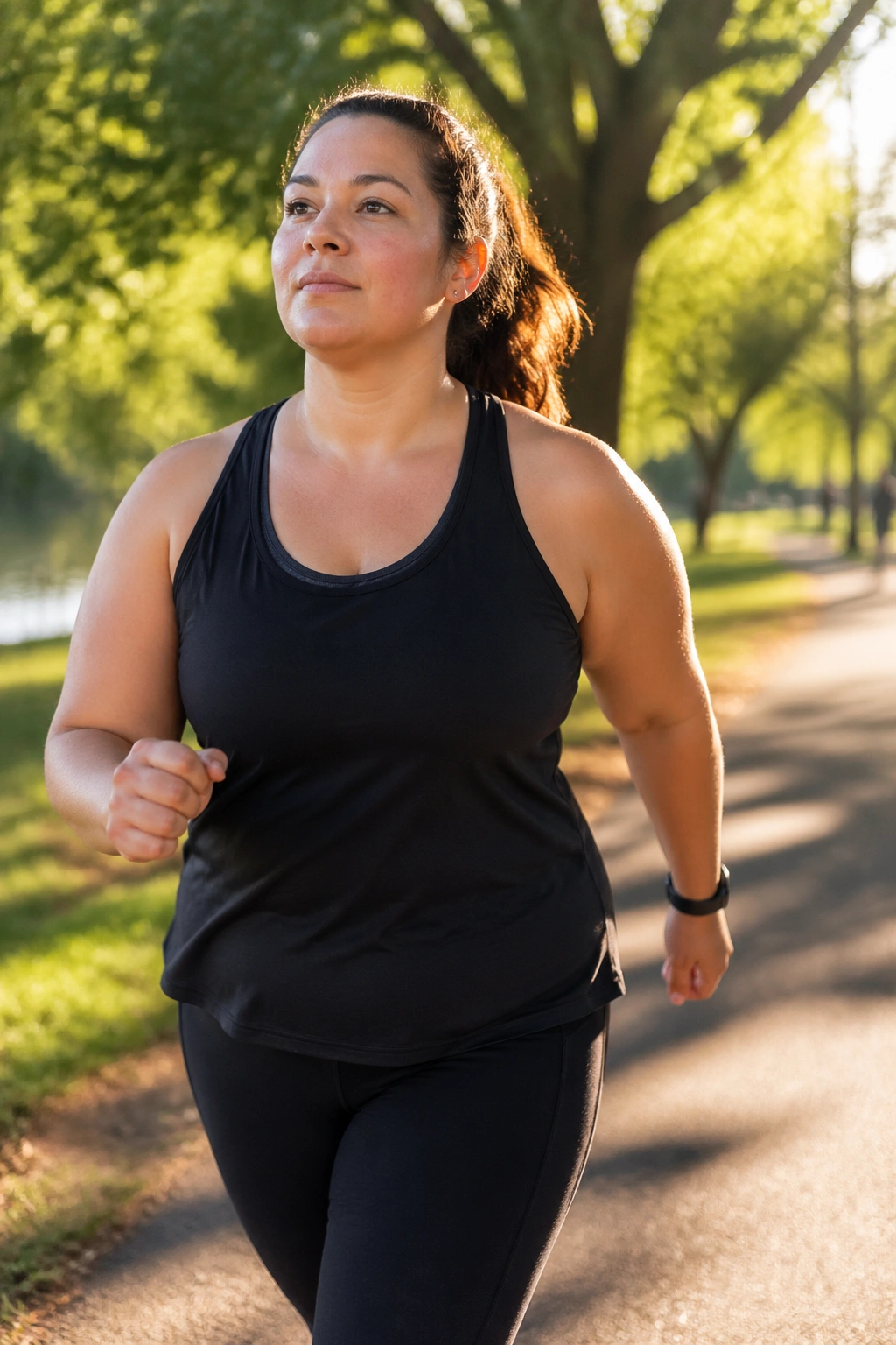 Close-up of a woman walking briskly on a park path during golden hour