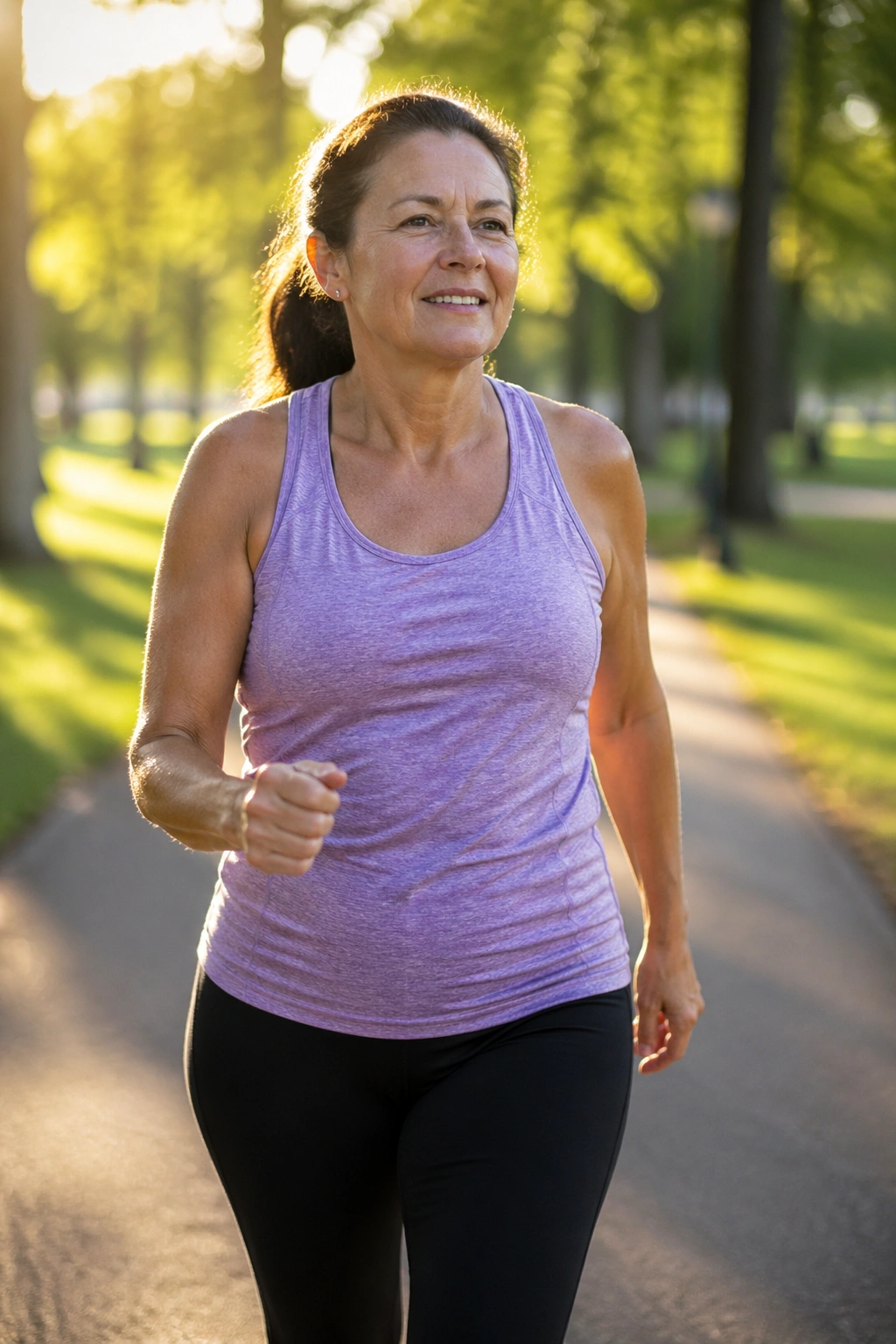 Woman walking briskly on a sunlit park path during interval training