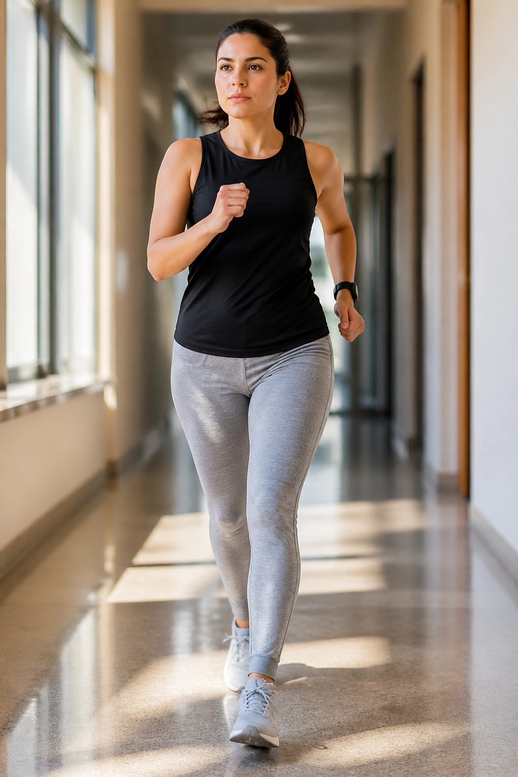 Mid-stride person performing brisk walking sprints in a hallway or outdoor path