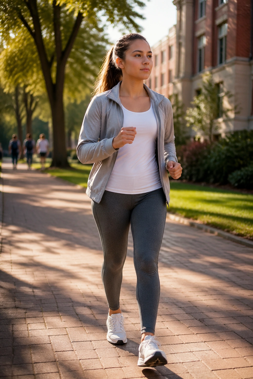 Teen girl walking briskly on a sunlit campus path, illustrating intervals for belly fat loss.