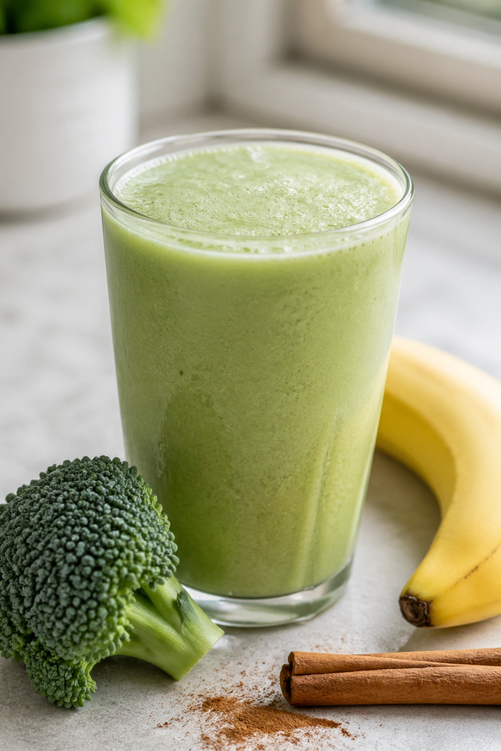 Green broccoli banana cinnamon smoothie in glass.