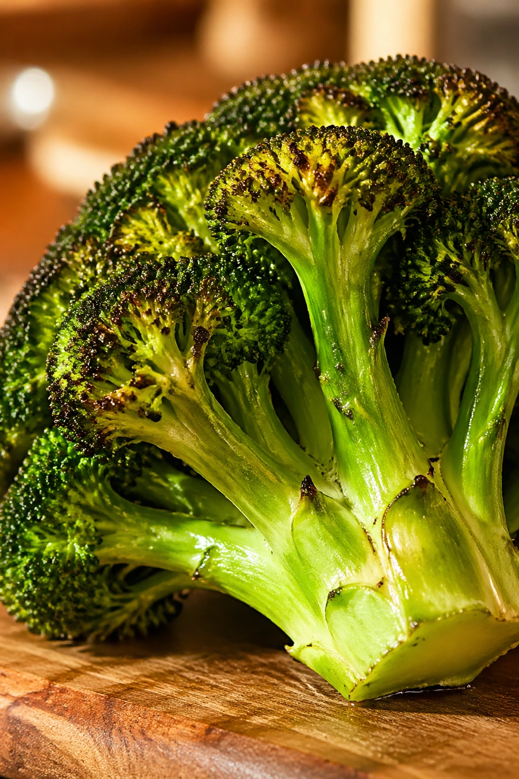 Close-up of a vibrant broccoli crown on a wooden board in a bright kitchen
