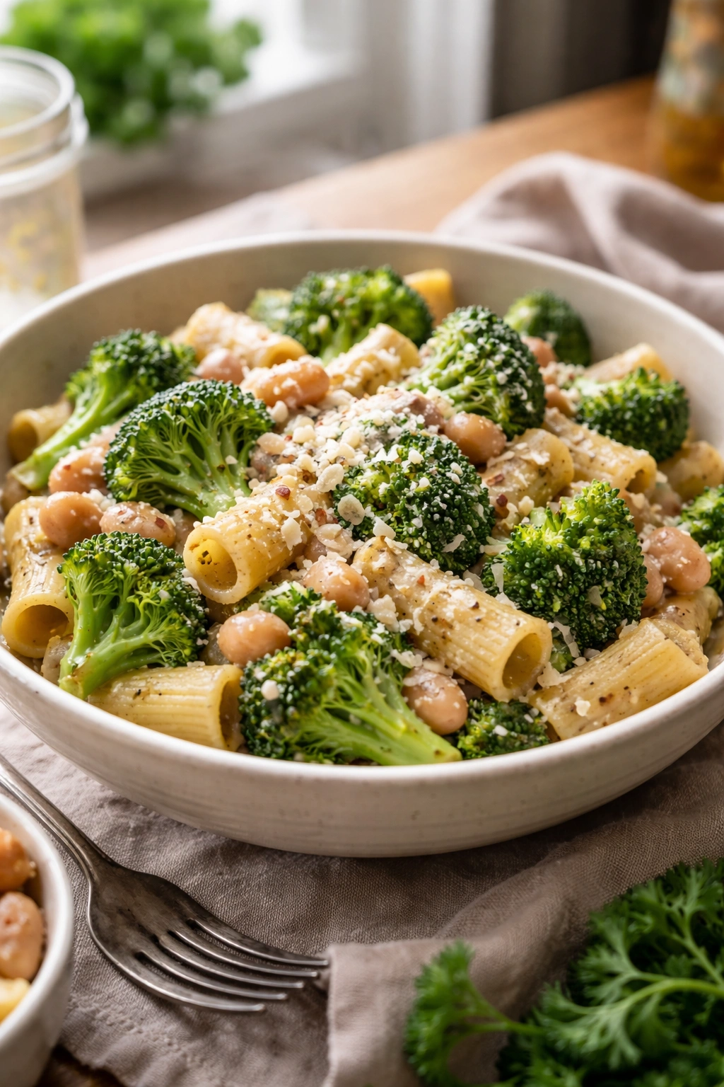 Close-up bowl of broccoli parmesan pasta with beans