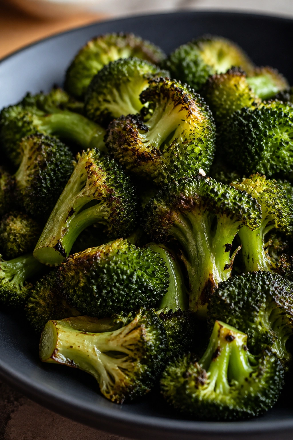 Close-up of roasted broccoli florets on a dark plate
