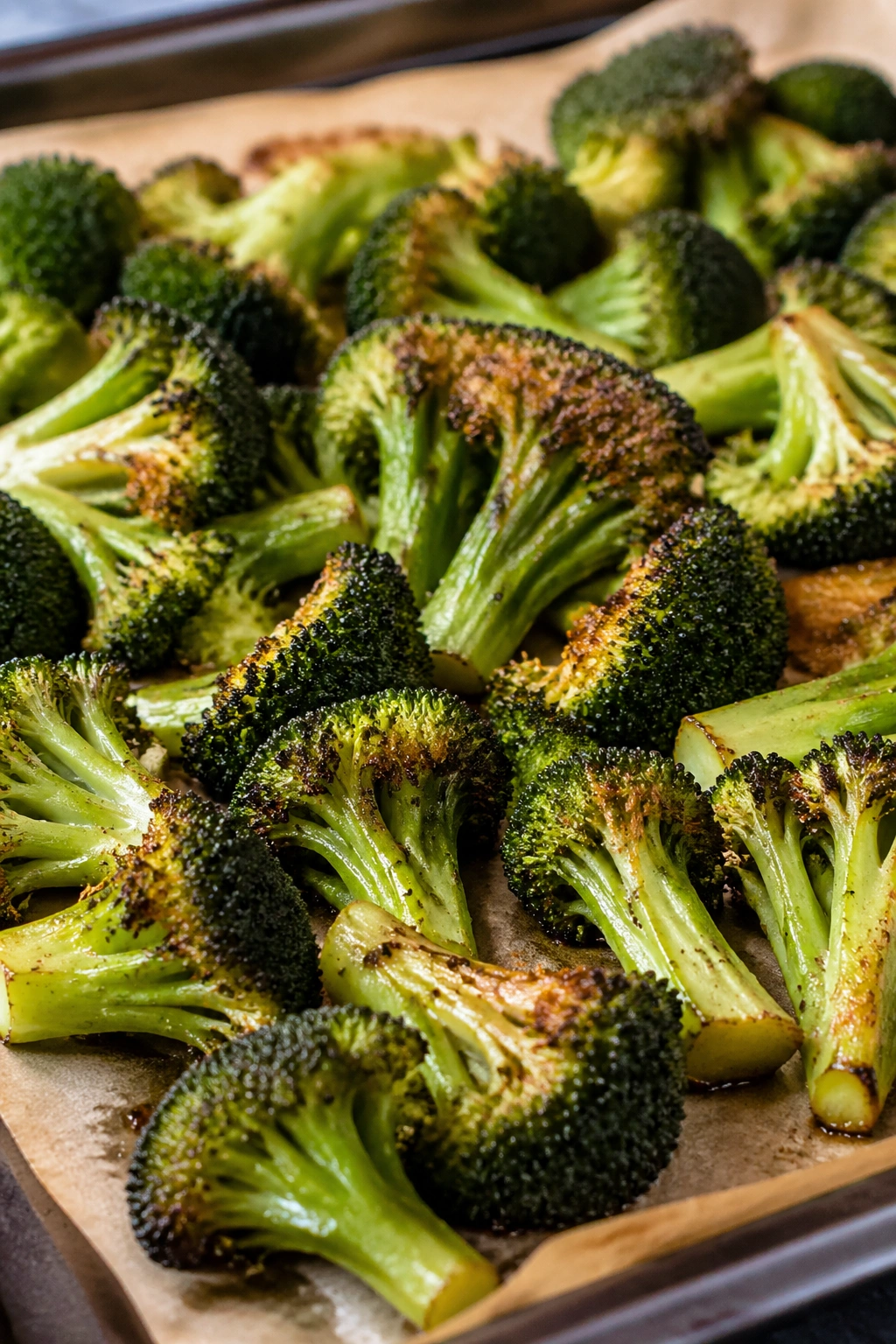Roasted broccoli florets with crisp edges on a parchment tray in a kitchen