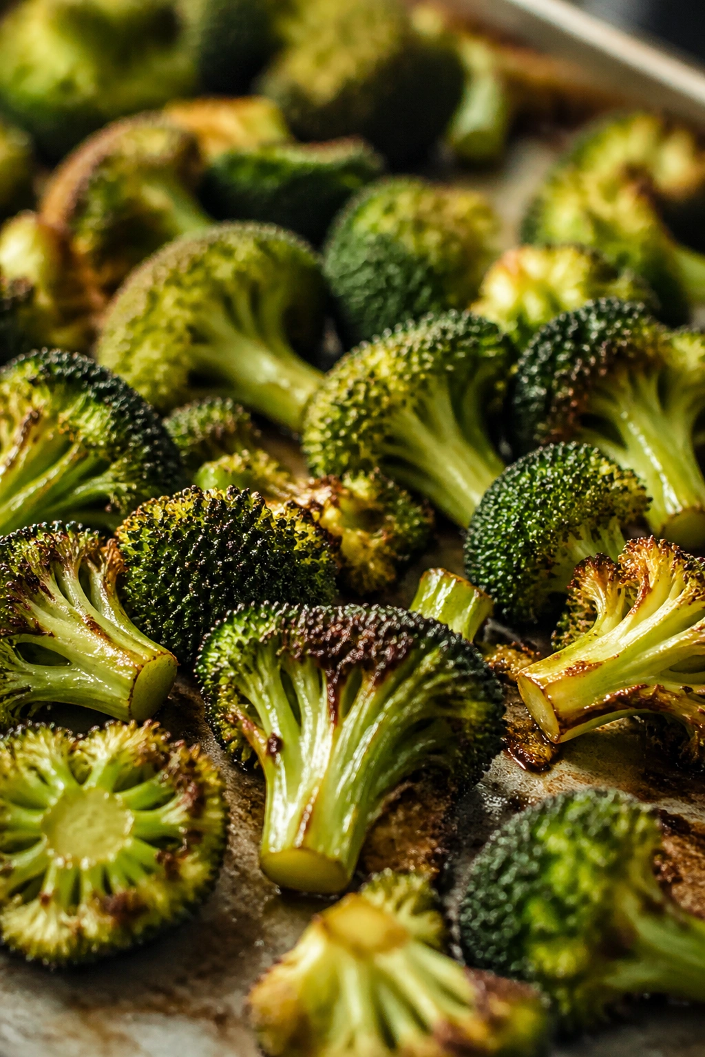 Roasted broccoli florets with crispy edges on a baking sheet