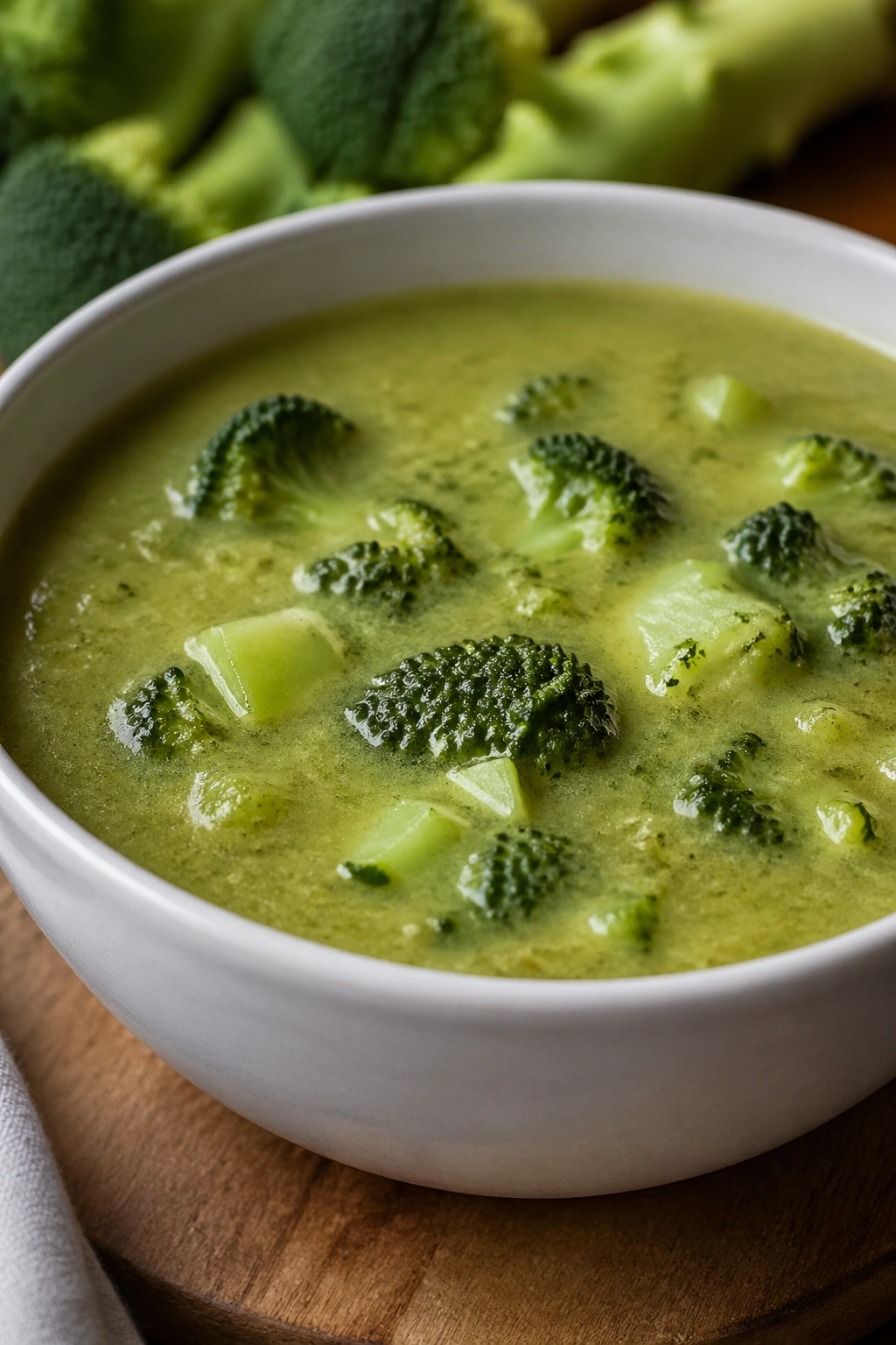 Close-up of broccoli soup in a pale bowl with broccoli stems nearby