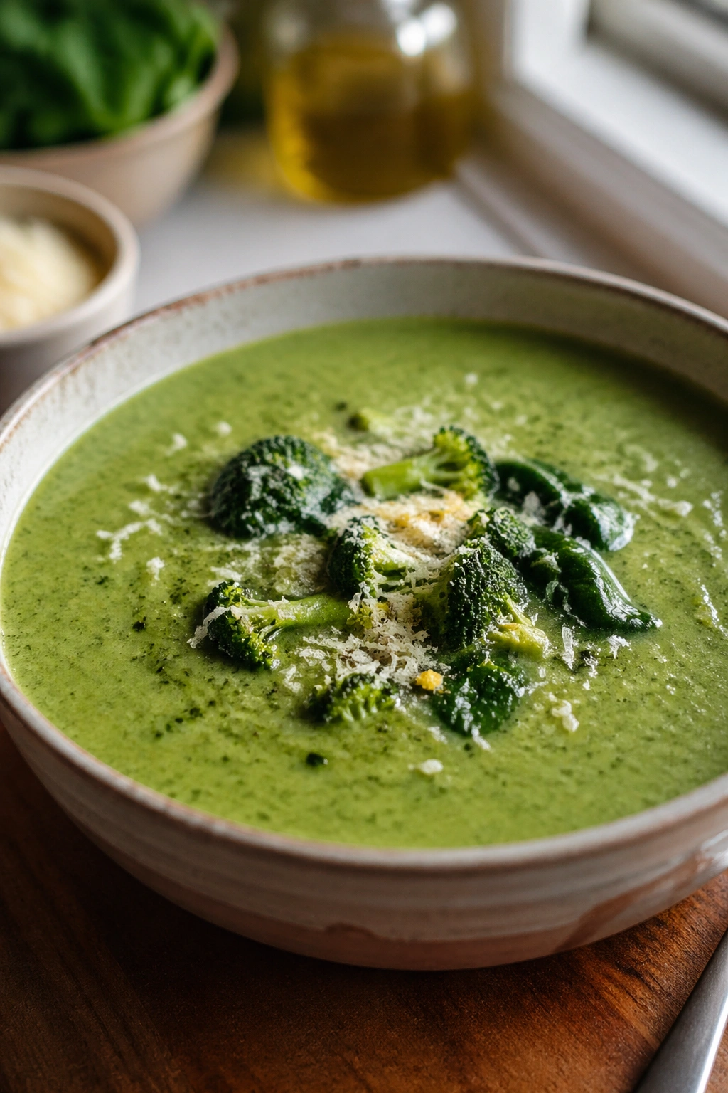 Close-up of broccoli spinach parmesan soup in a bowl