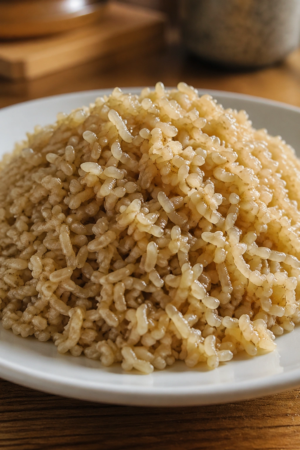 Mound of cooked brown rice on a white plate