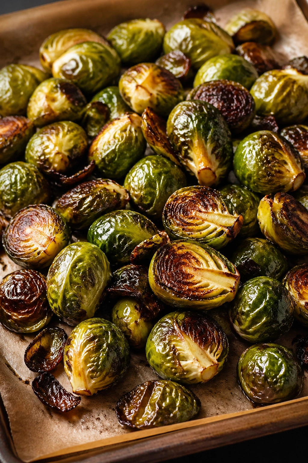 Roasted Brussels sprouts filling the frame on a baking sheet