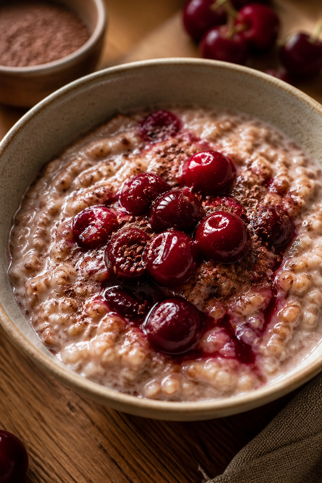 Close-up of buckwheat porridge with flax and cherries in a bowl