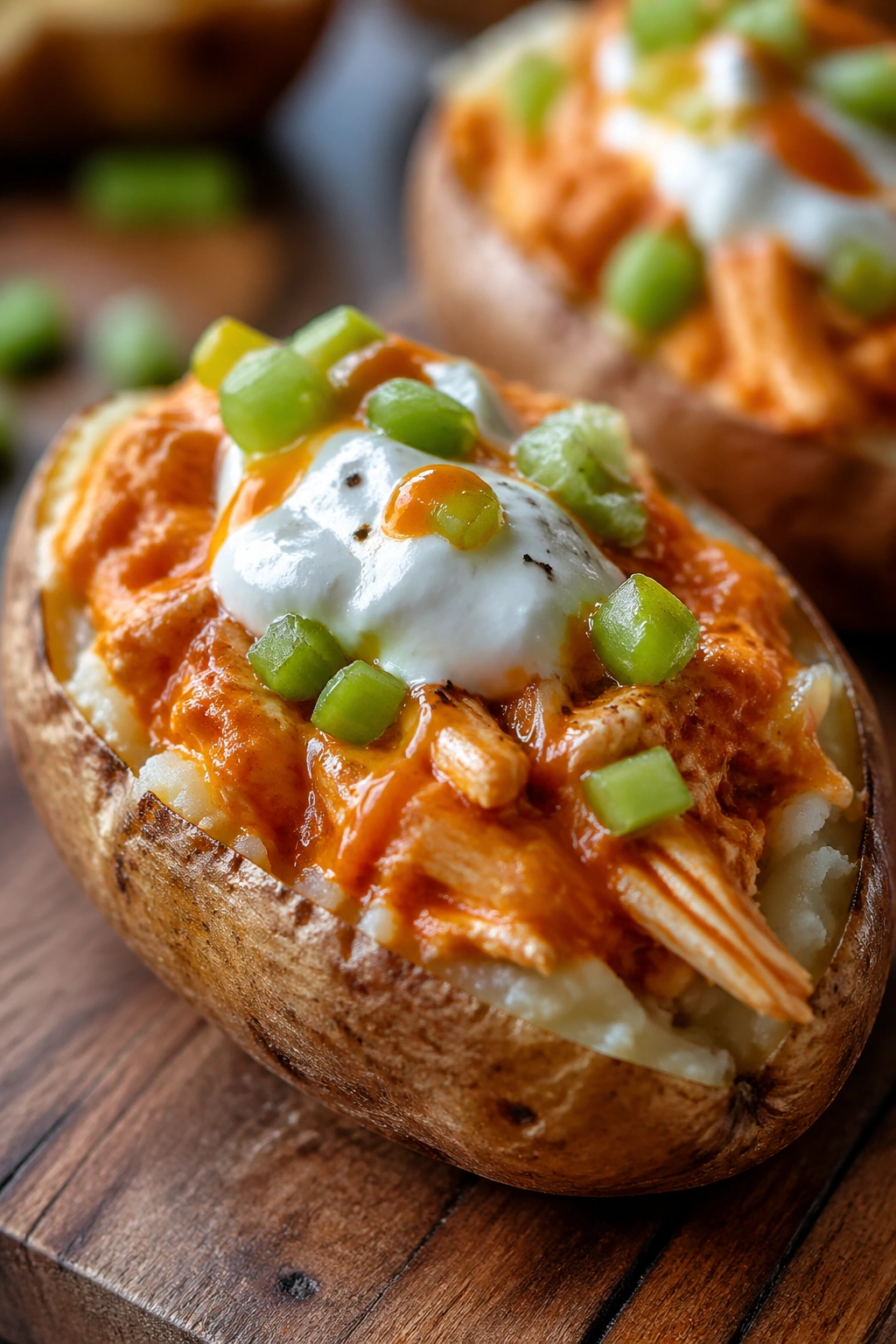 Close-up of loaded baked potato topped with buffalo chicken and yogurt on a wooden board