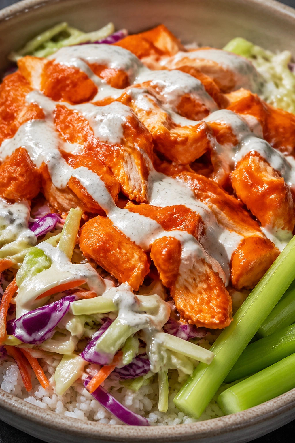 Close-up of Buffalo Chicken Ranch Slaw Salad with shredded buffalo chicken, slaw, and rice