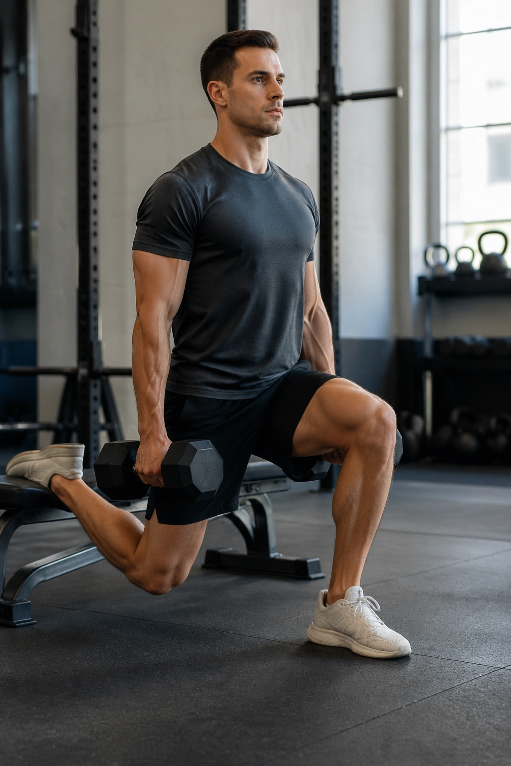 Lifter performing Bulgarian split squat with dumbbells for unilateral balance