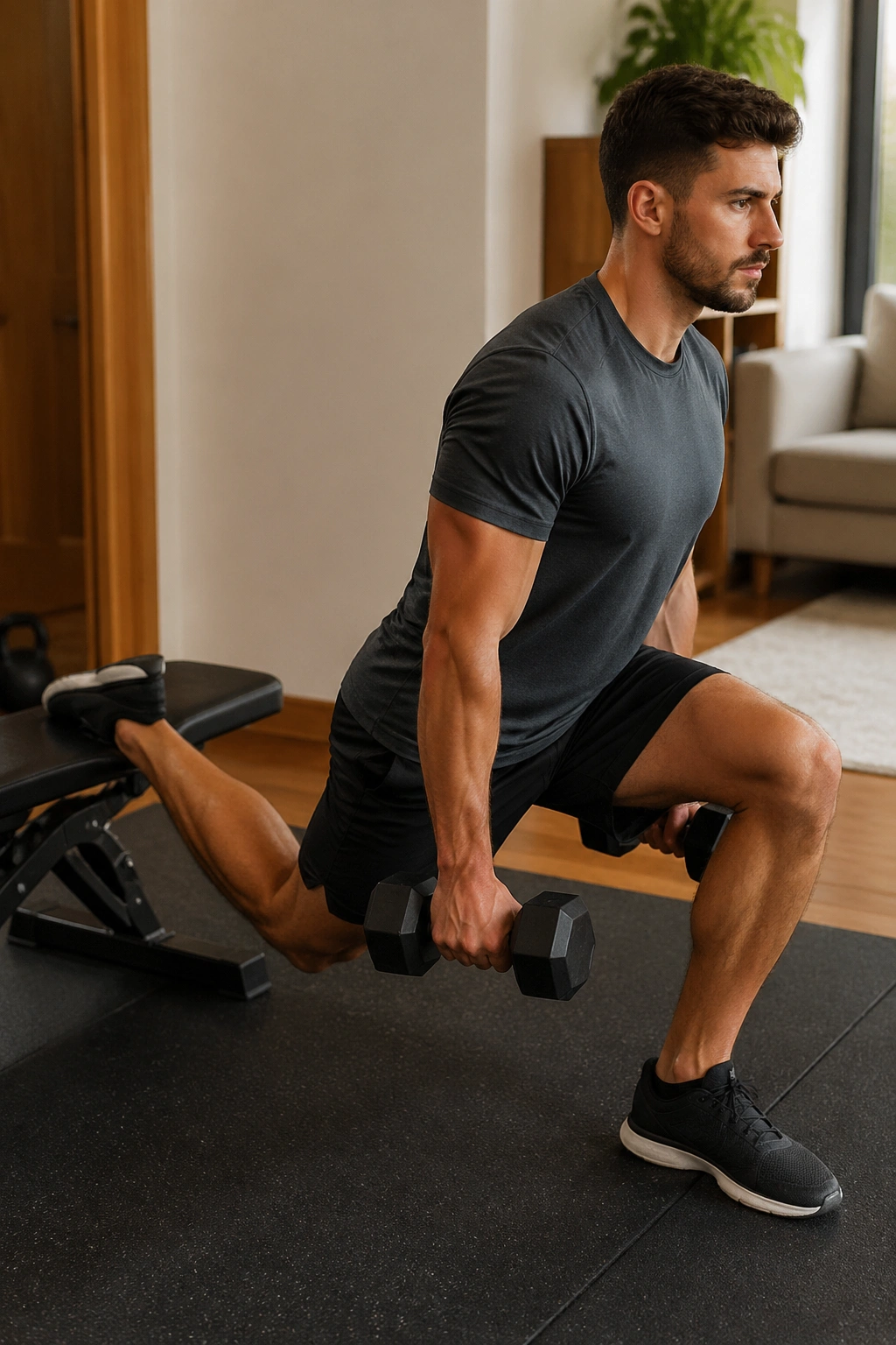 Close-up of a person performing Bulgarian split squat with dumbbells in a home setting
