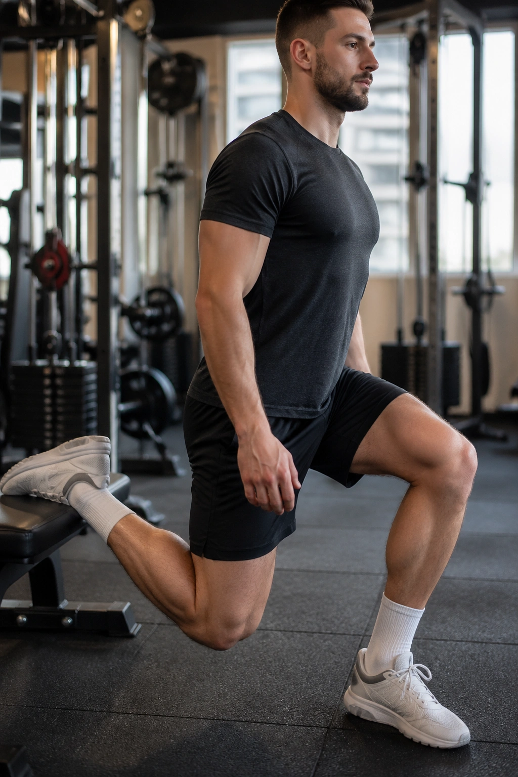 Athlete performing Bulgarian split squat with rear foot on bench in gym