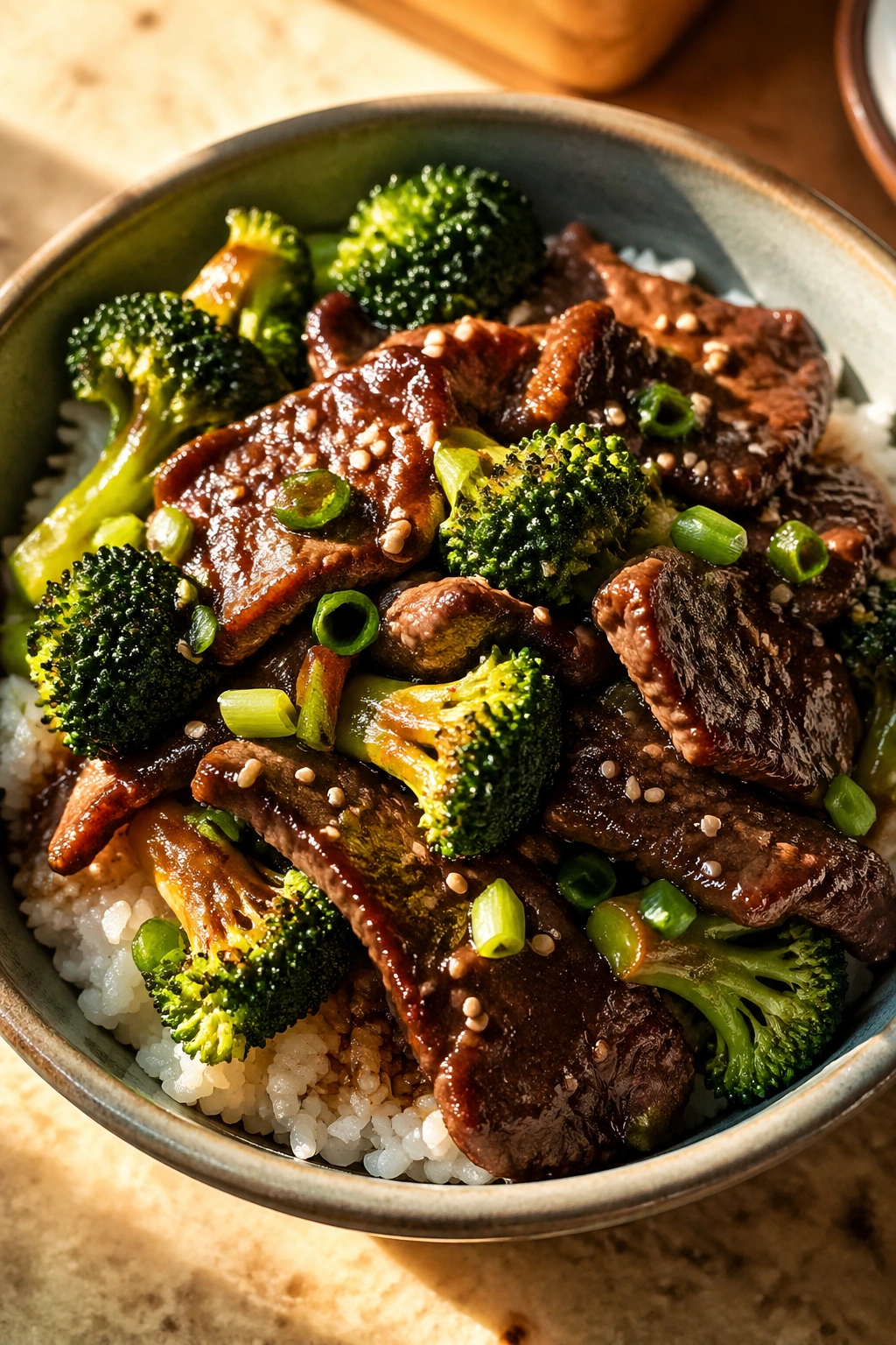 Close-up of Beef Bulgogi Broccoli Bowl with beef, broccoli, and sesame seeds