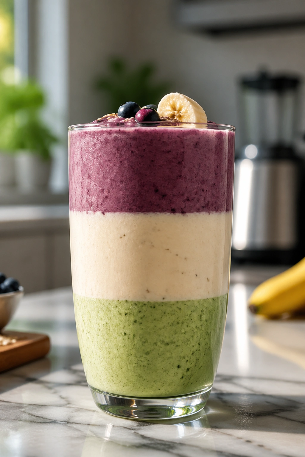 Three-layer smoothie illustrating bulking, cutting, and sensitive stomach swaps in a glass