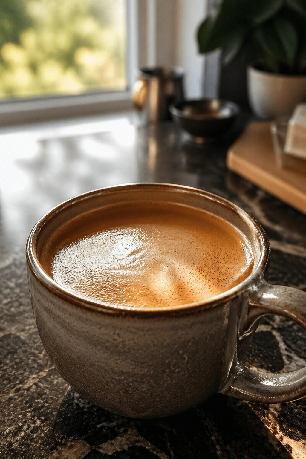 Close-up of bulletproof coffee in a mug with a glossy surface