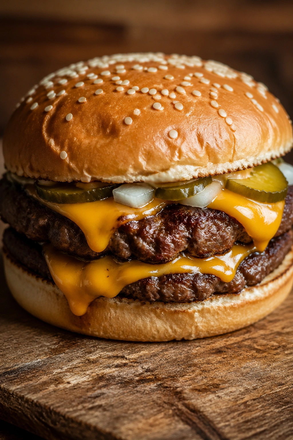 Close-up of a fast-food burger filling the frame on a wooden surface