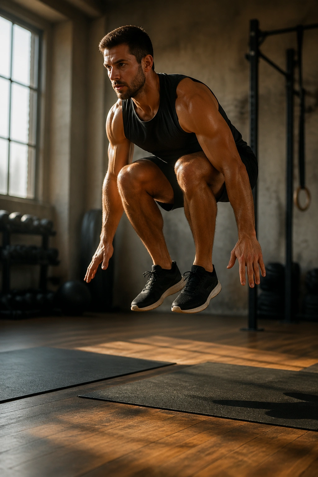Athlete performing burpee to squat jump in circuit