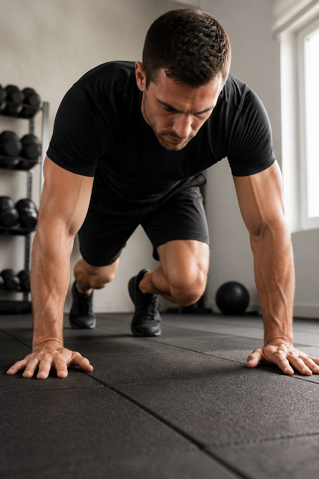 Athlete performing burpees quickly in a small gym space