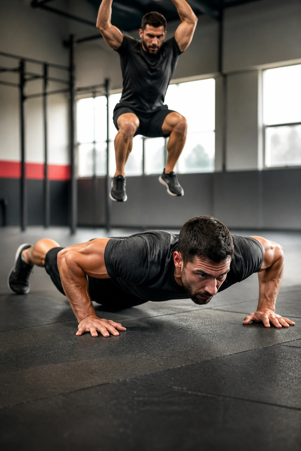 Real person performing burpees in ladder-style reps on gym floor