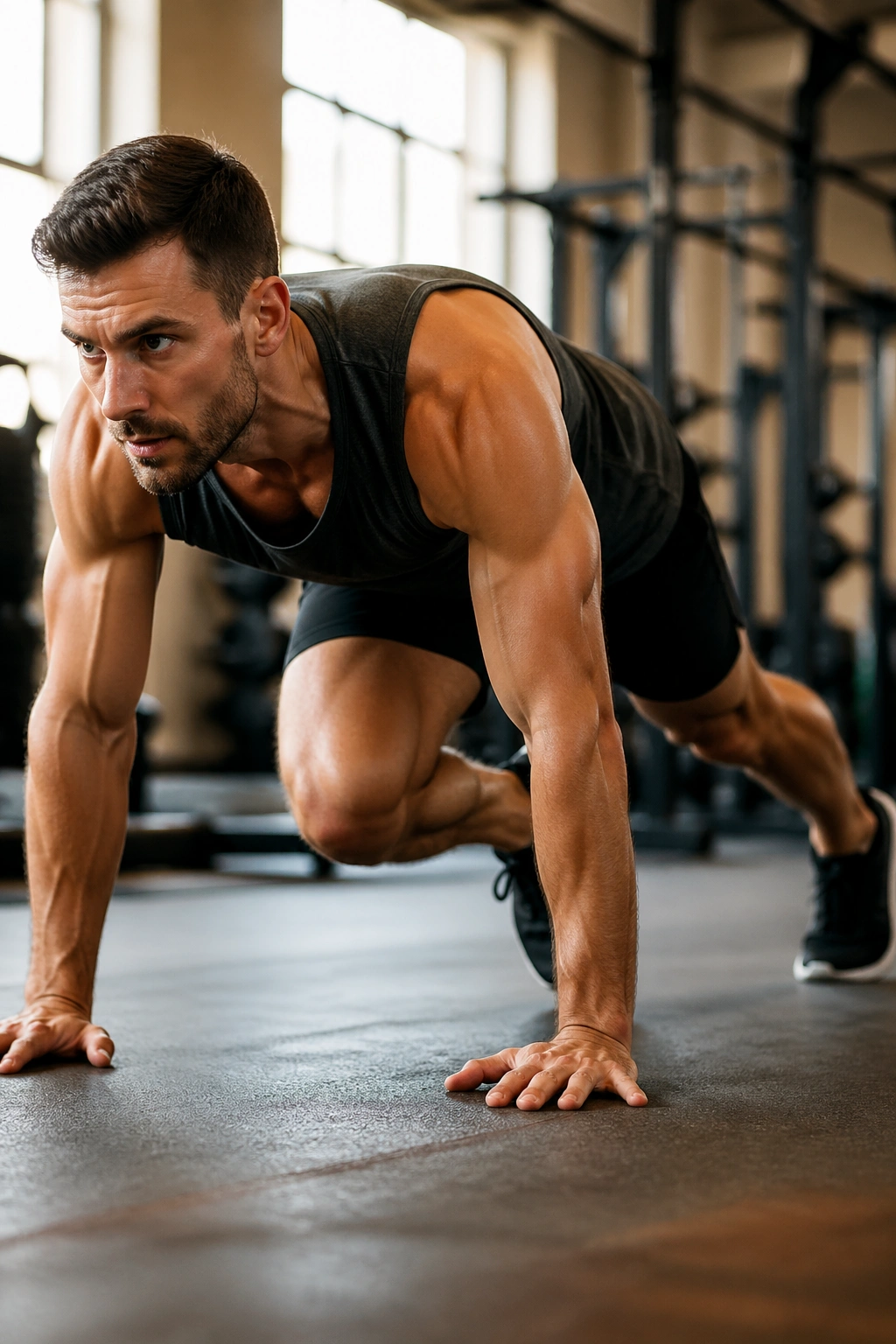 Athlete performing burpee mountain climber combo