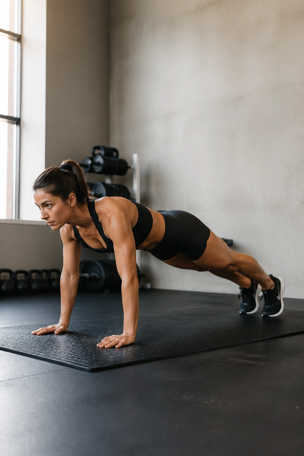Person in plank after burpee during a core-focused workout