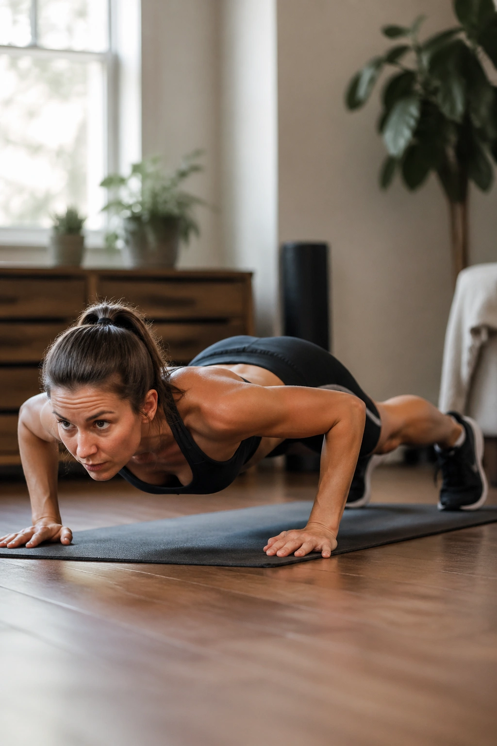 Close-up of a person performing a burpee during a gauntlet HIIT set