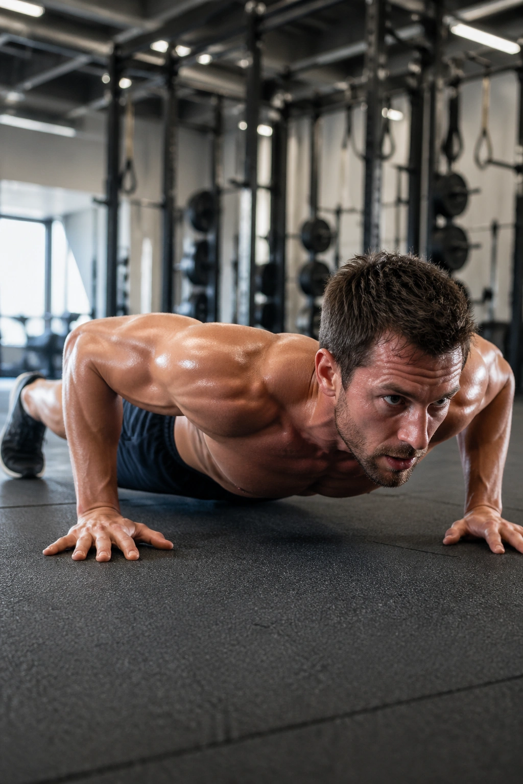 Person performing a burpee with push-up in a gym