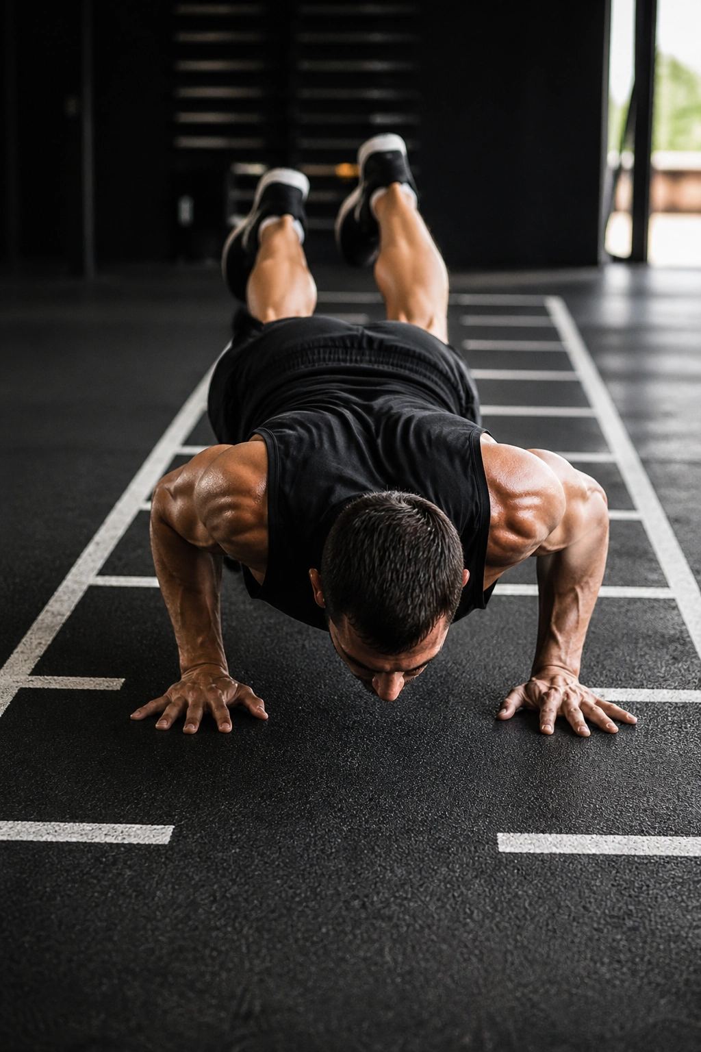 Athlete in mid burpee with sprint lane markings on gym floor in background