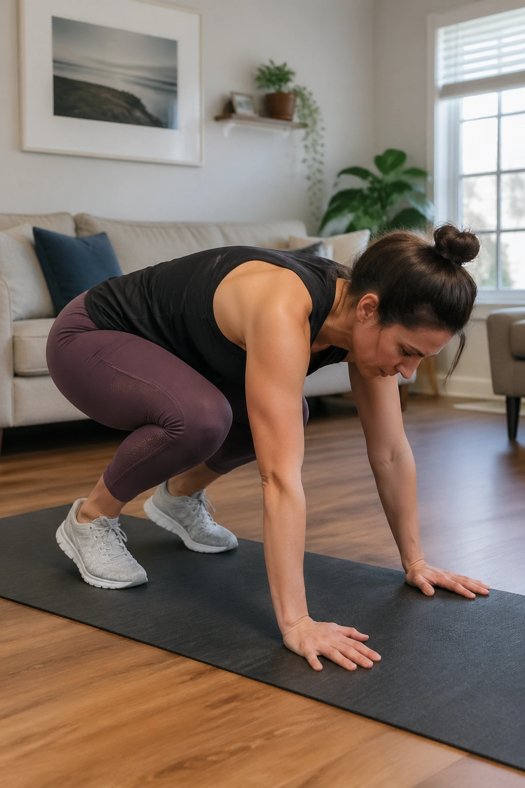 Person performing burpee walk-back without jump in a living room