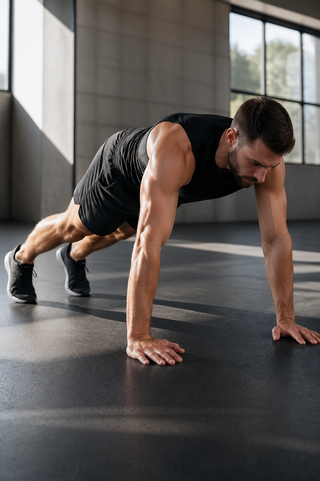 Person performing burpee-walkout with plank position